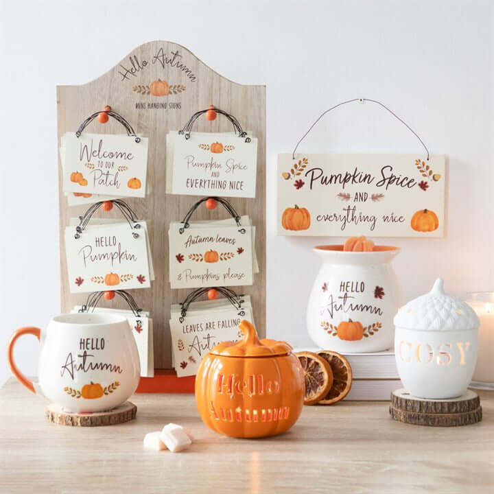 Hello Autumn 20cm Pumpkin Spice Hanging Sign with 'Pumpkin Spice and Everything Nice' for cosy autumn kitchen decor.