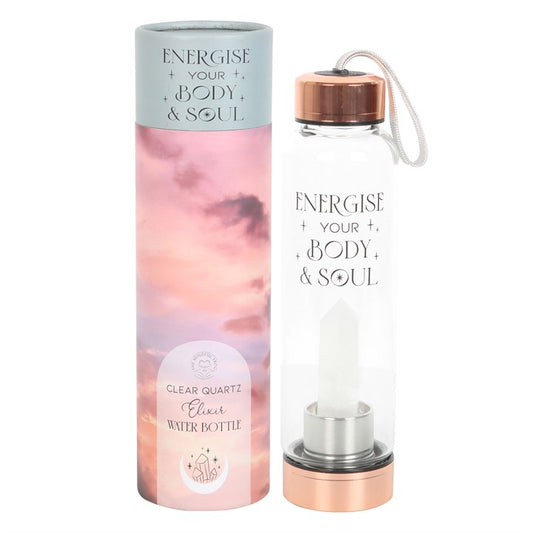 Clear Quartz Body and Soul Glass Water Bottle by Energise Your Body & Soul, shown beside pink gradient packaging.