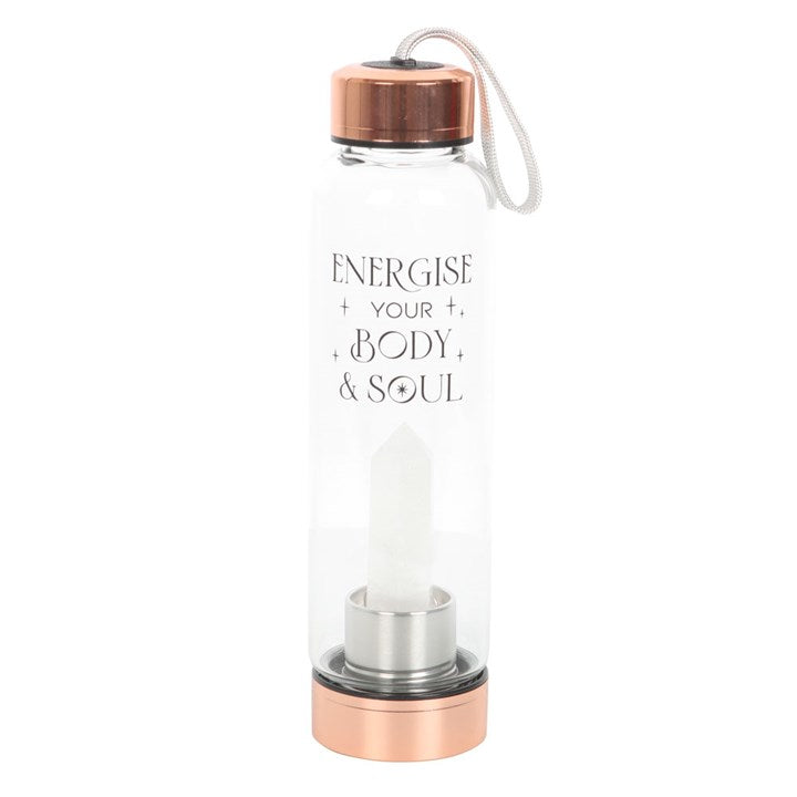 Clear Quartz Body and Soul Glass Water Bottle with quartz crystal inside, copper caps and a cord