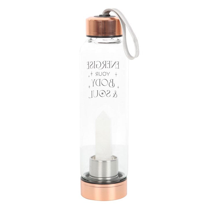 Clear Quartz Body and Soul Glass Water Bottle with clear quartz inside, copper cap and lanyard - energise your soul.