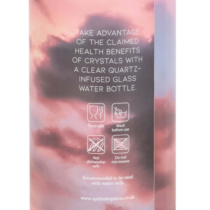 Clear Quartz Body and Soul Glass Water Bottle packaging promotes energising crystal power for holistic wellness.