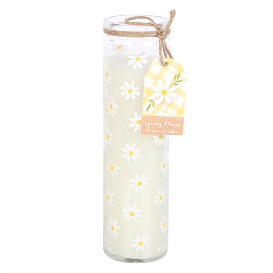 White Daisy Tube Candle in a reusable glass jar with a daisy pattern, twine tie and spring floral tag.