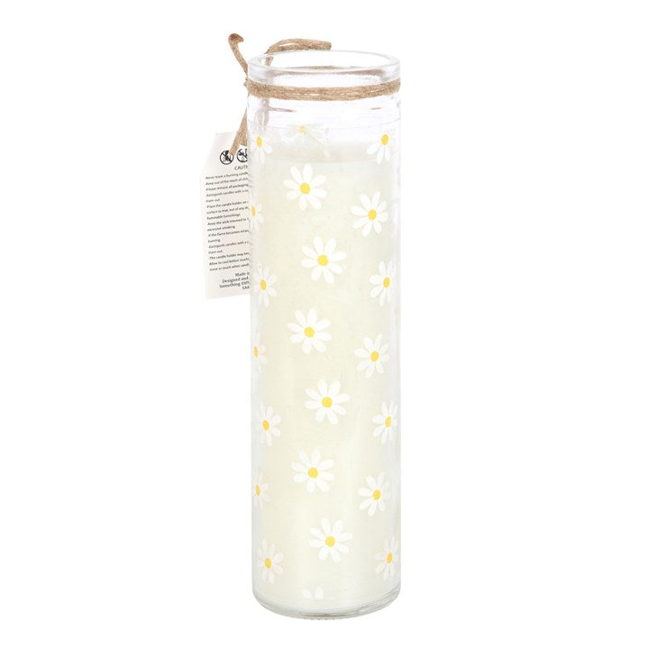 White Tube Daisy Candle in tall glass jar with white daisy pattern and twine accent, spring floral fragrance.
