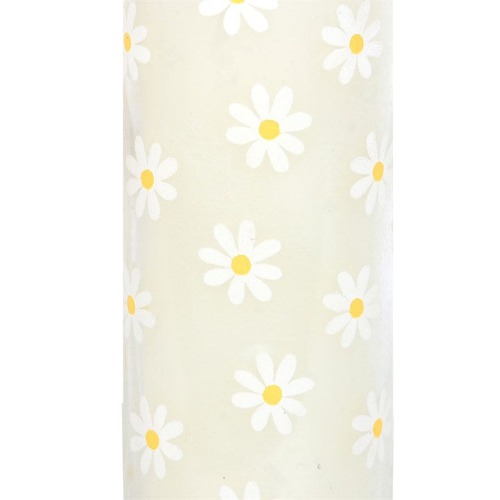 White Tube Daisy Candle with a white daisy pattern on a pale background, spring floral scent.