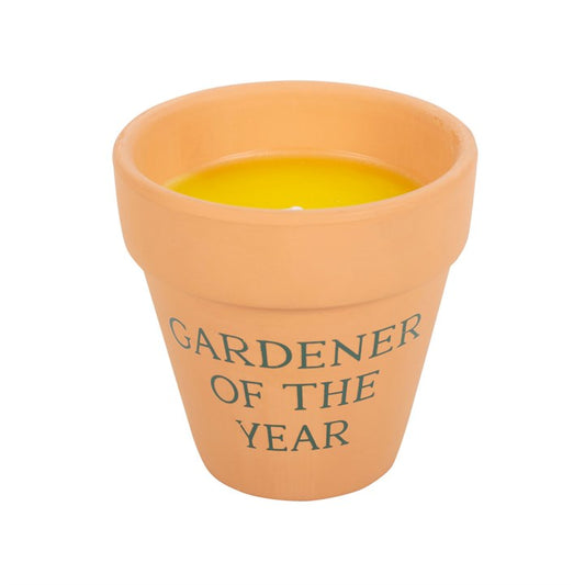 Stylish Gardener of the Year Citronella Candle in a ceramic pot, perfect for elegant outdoor spaces and insect repellent.