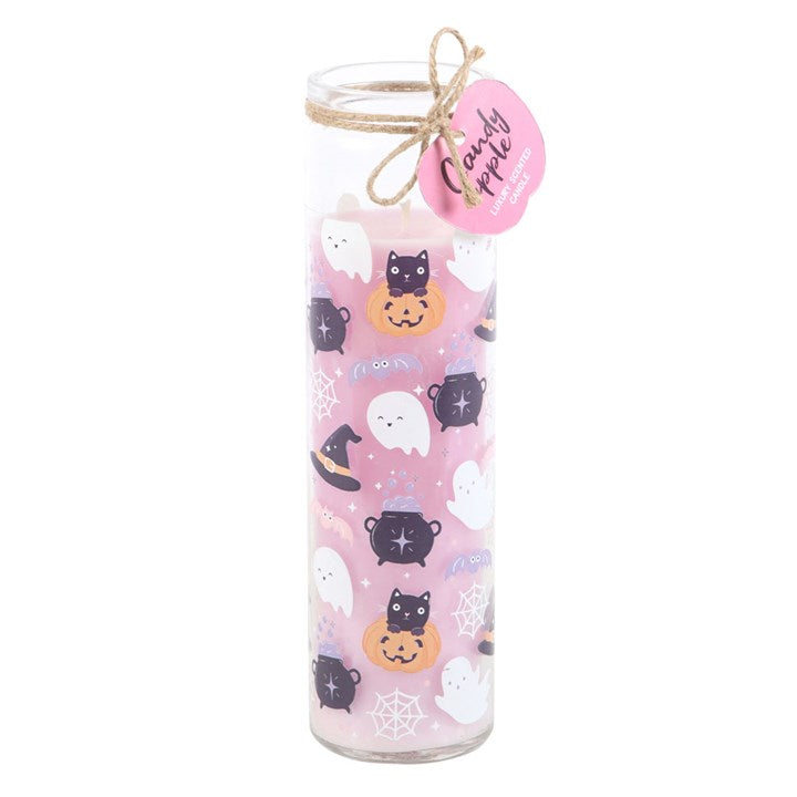 Pastel Halloween Candy Apple Tube Candle in a tall glass tube with black cats, pumpkins, ghosts, and a pink tag.