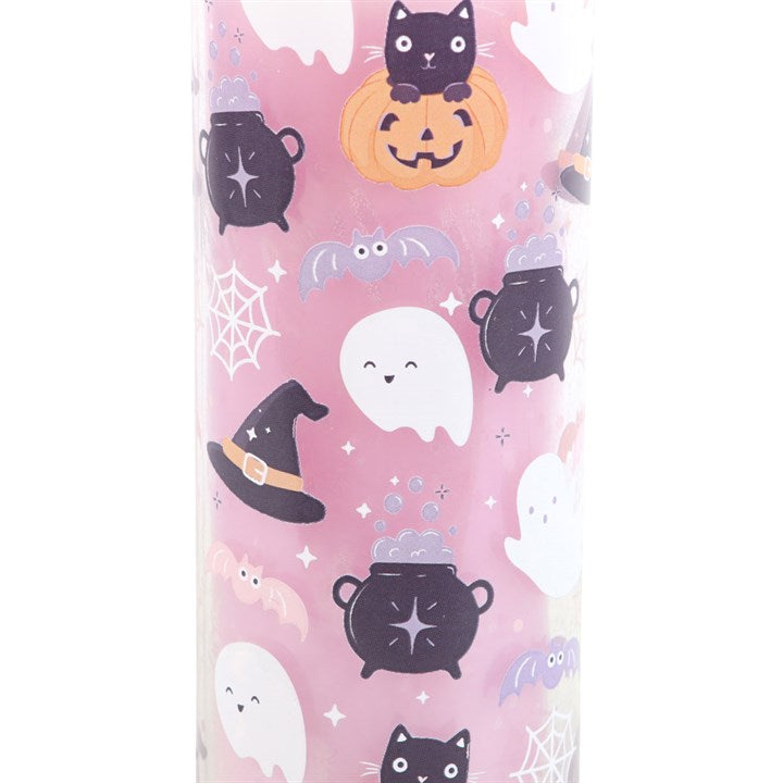 Pastel Halloween Candy Apple Tube Candle with black cats, ghosts and pumpkins; candy apple scent, vegan, 70h burn.