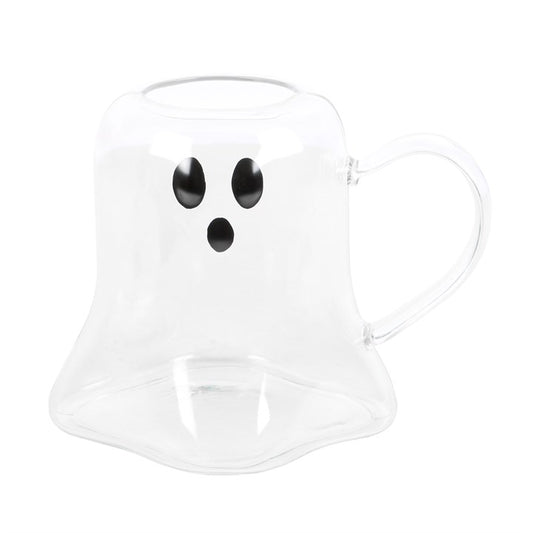 Ghost Shaped Glass Mug — a clear, ghost‑shaped mug with a handle and cute facial features.