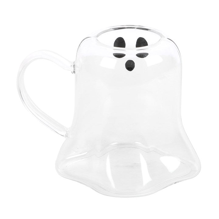 Ghost Shaped Glass Mug featuring a transparent ghost with a friendly face for playful sipping.