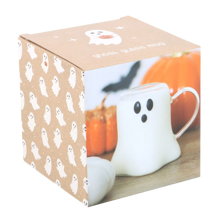 Ghost Shaped Glass Mug boxed with ghost pattern; colour-changing mug for a supernatural sipping experience.