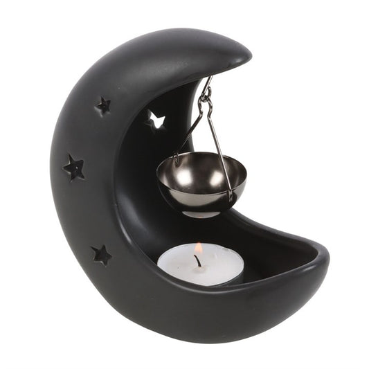Black Crescent Moon Hanging Oil Burner with star cutouts and hanging bowl over a tealight candle