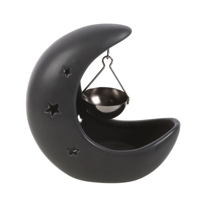 Black Crescent Moon Hanging Oil Burner featuring a hanging bowl under a star-cut crescent, black finish.