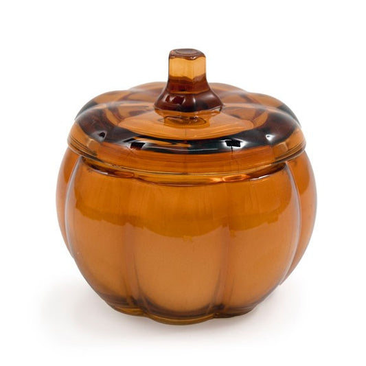 12cm Vanilla Glass Pumpkin Candle in amber glass holder with lid, perfect cosy autumn decor.
