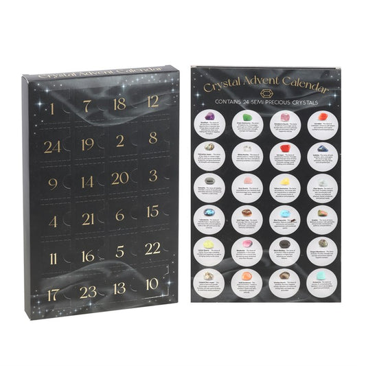 Mystical 24-Day Crystal Advent Calendar showcasing 24 tumbled gemstones for spiritual healing this Christmas.