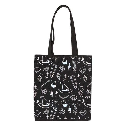 Crystal Witch Print Polycotton Tote Bag featuring hats, crystals and potions on a black background.