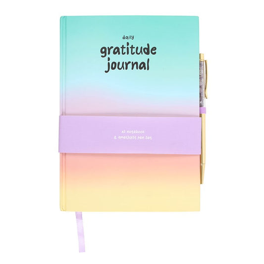 Multicoloured Gratitude Journal with Amethyst Pen, perfect for tracking goals and cultivating positivity in style.