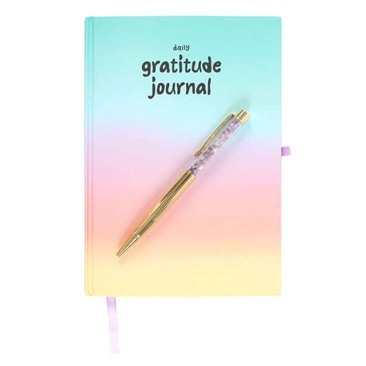 Multicoloured Gratitude Journal with Amethyst Pen, perfect for tracking goals and fostering positivity daily.