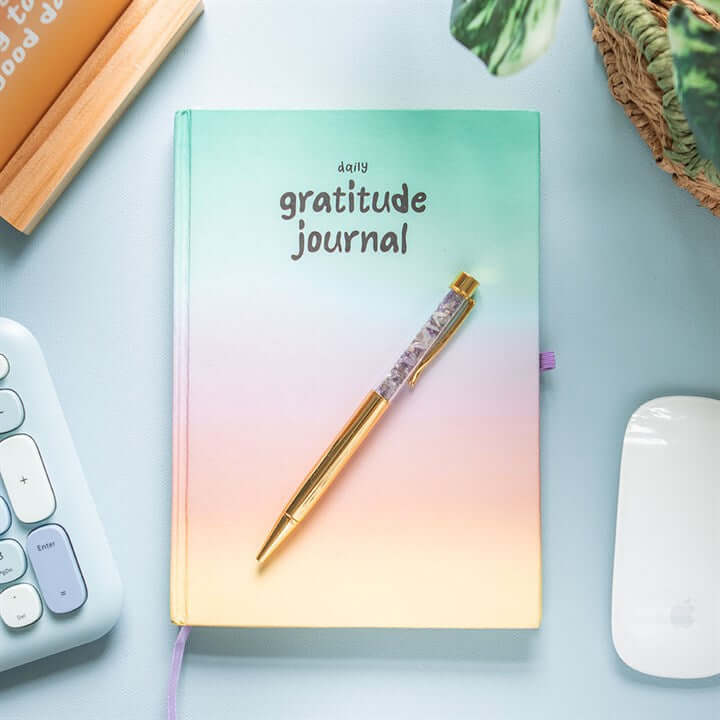 Multicoloured Gratitude Journal with Amethyst Pen, perfect for tracking goals and cultivating positivity daily.