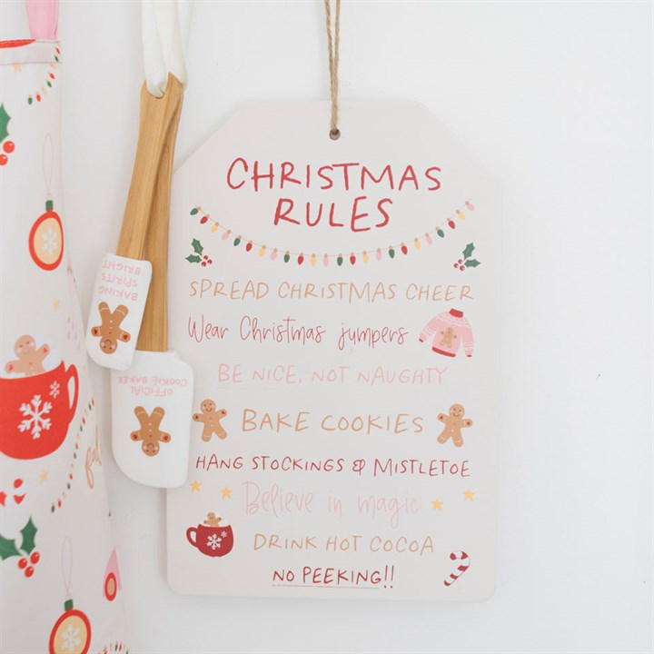 Sugarplum Fun Christmas Rules Hanging Sign with festive guidelines for a joyful holiday season at home.