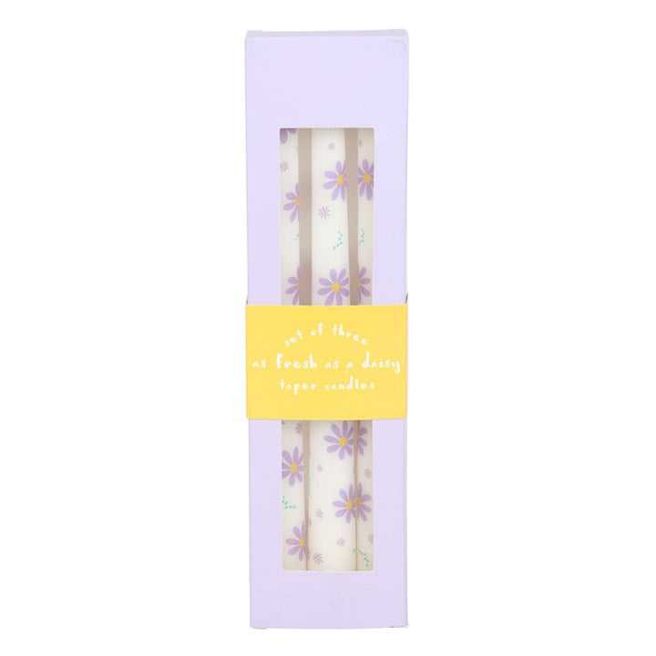 Set of 3 Purple Daisy Taper Candles - Unscented, perfect for spring decor and stylish table settings.