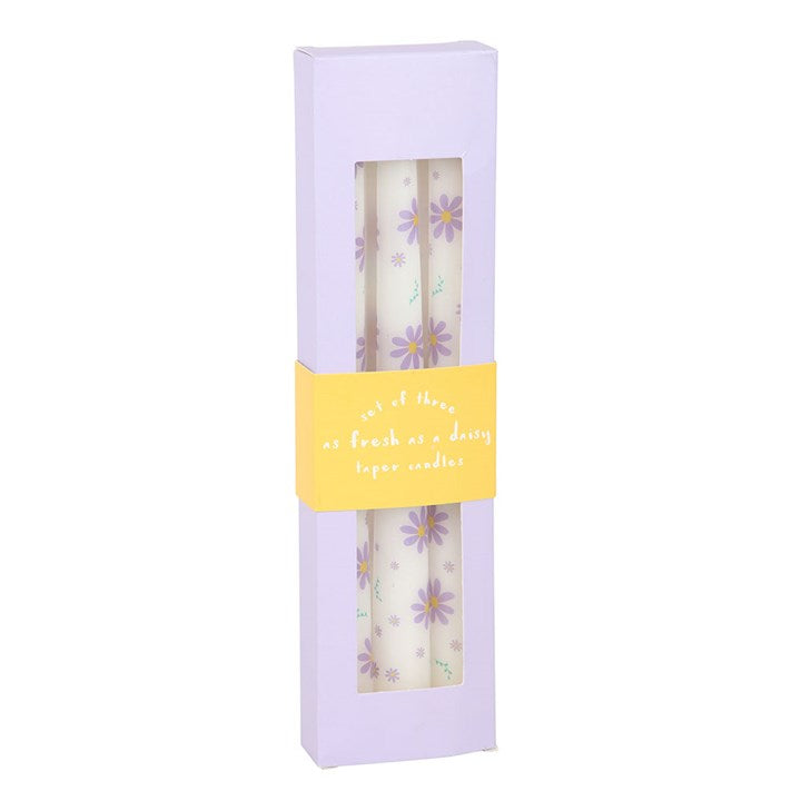 Set of 3 Purple Daisy Taper Candles - Unscented, perfect for spring decor and table settings, adding a charming touch.