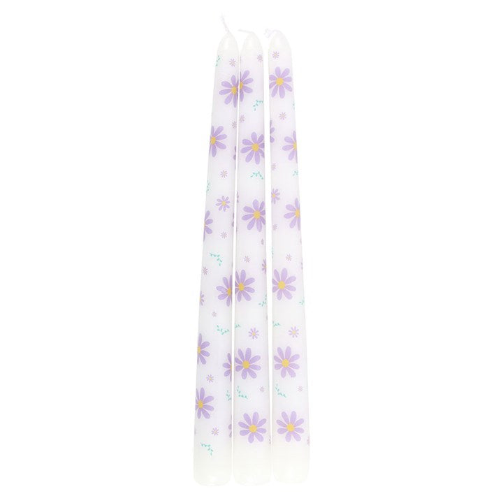 Set of 3 Purple Daisy Taper Candles - Unscented, ideal for spring decor and enhancing your table setting.