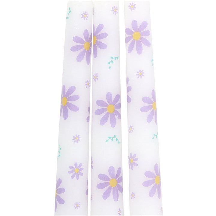 Set of 3 Purple Daisy Taper Candles - Unscented, ideal for spring decor and adding charm to your table setting.