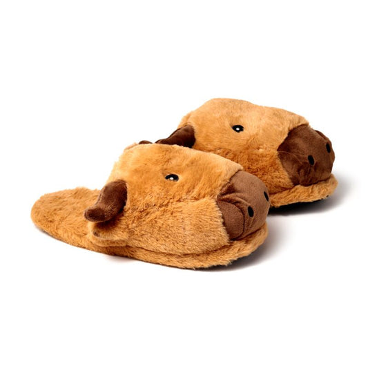 Plush Highland Coo slippers in tan fur with brown muzzle and tiny horns for cosy home wear.
