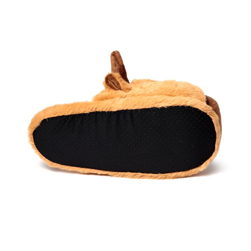 Highland Coo plush slippers with soft tan faux fur and black non-slip sole.