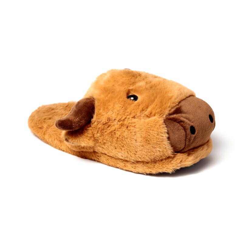 Plush Highland Coo slippers in soft brown fur, cow-shaped with ears and snout.