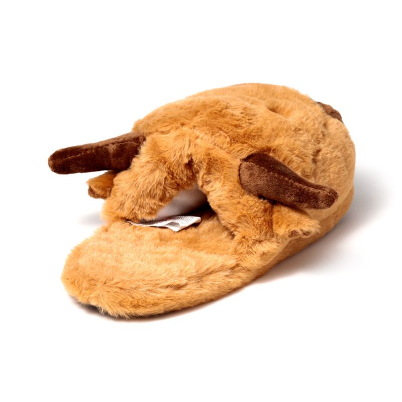 Plush Highland Coo slippers in tan fur with brown horns, cosy home footwear.