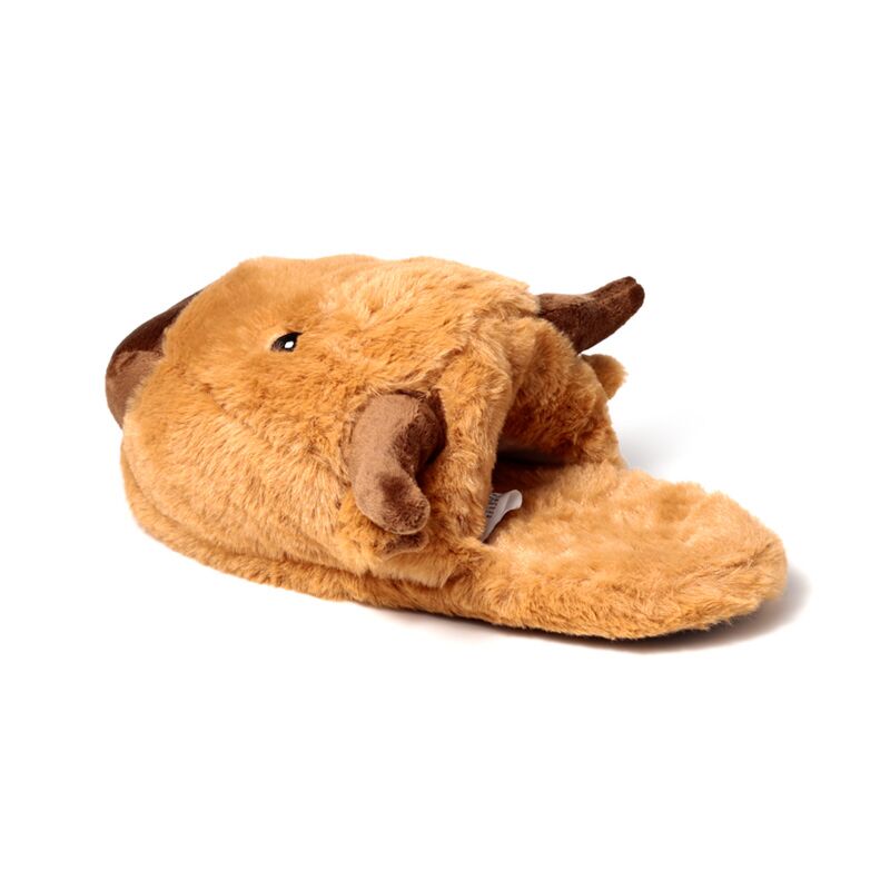 Fluffy Highland Coo slipper in light brown plush with dark horns and ears.