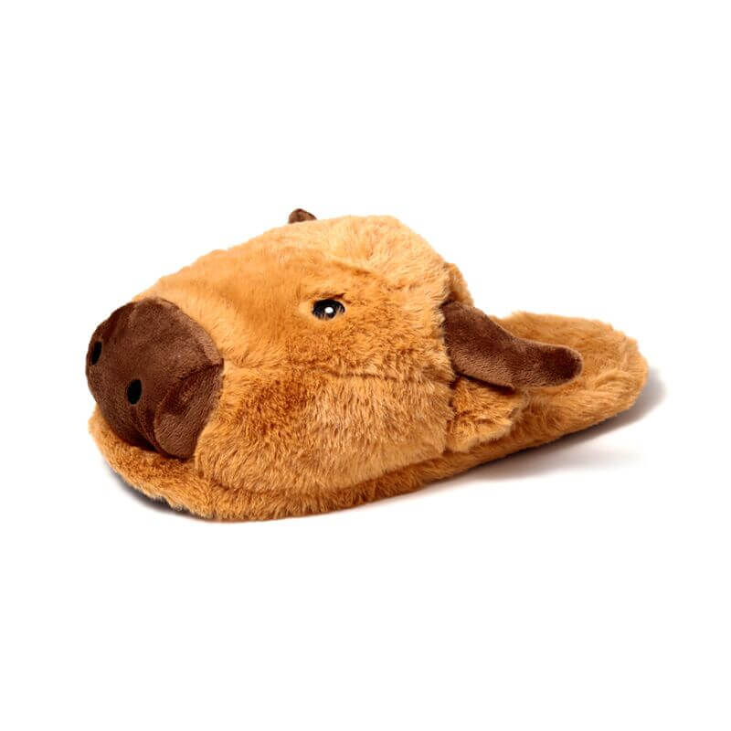 Highland Coo plush slippers in warm brown with cow-face design; soft polyester with PE sole.