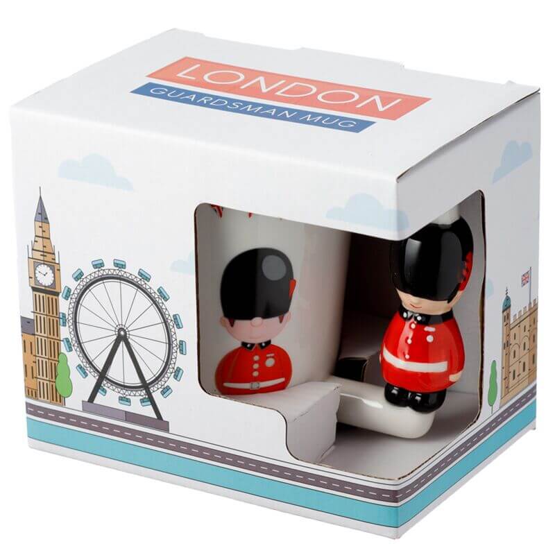 London Icons Guardsman Shaped Handle Mug Unique Design in decorative packaging featuring iconic London landmarks.