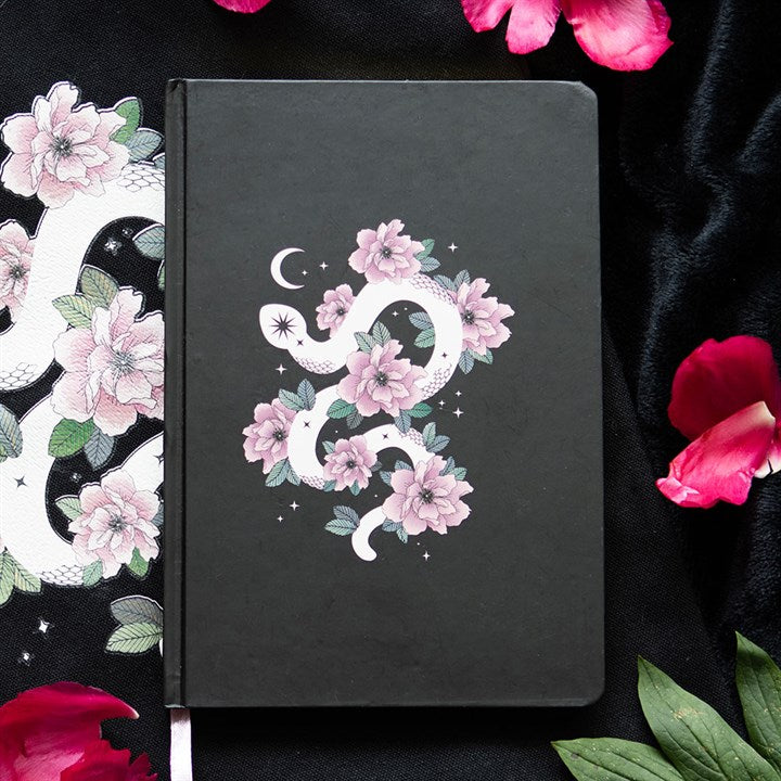 Floral Snake A5 Notebook with a curled white snake and pink flowers, perfect for notes and reminders.