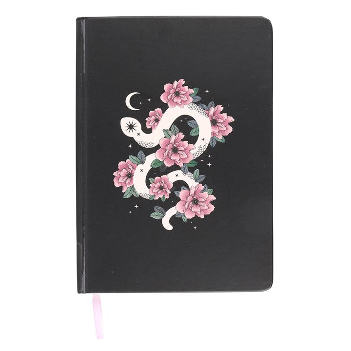 Floral Snake A5 Notebook featuring a curled white snake and pink flowers, perfect for notes and reminders.