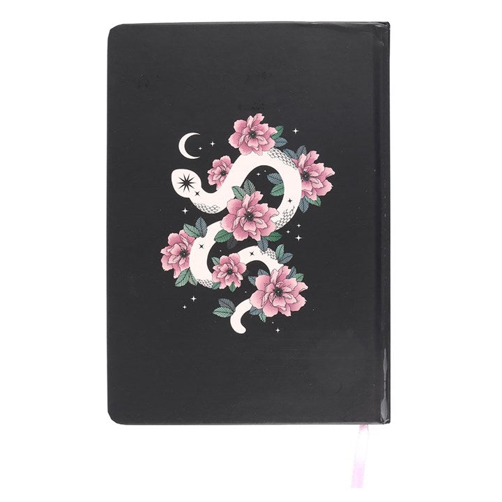 Floral Snake A5 Notebook featuring a curled white snake and pink flowers, perfect for notes and reminders.
