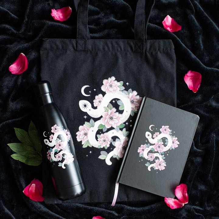 Floral Snake A5 Notebook with pink flowers and a curled white snake, perfect for notes and reminders. A beautiful gift.