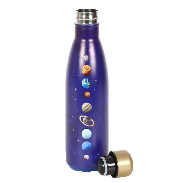 Cosmic Bottle Co Solar System Water Bottle - Planetary with planets design on cosmic blue background and gold-toned lid.