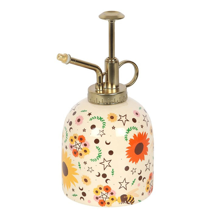 Summer Solstice Print Ceramic Plant Mister with floral design and gold detailing, perfect for keeping plants hydrated.