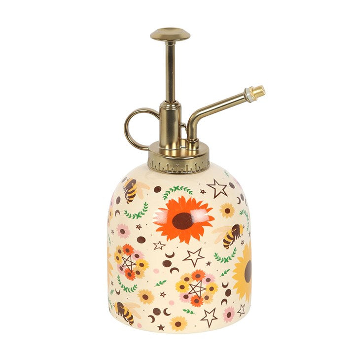 Summer Solstice Print Ceramic Plant Mister features a vibrant design with sunflowers, bees, and gold detailing for stylish hydration.