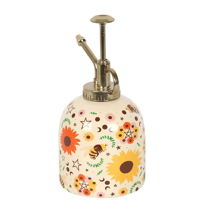 Summer Solstice Print Ceramic Plant Mister features a vibrant design with bees and sunflowers, perfect for indoor gardening.