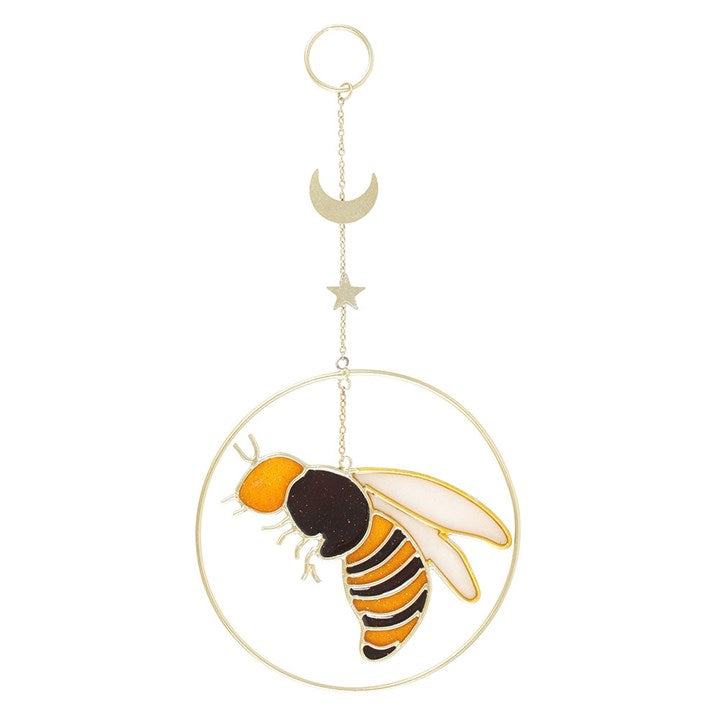 Brighten your space with the Summer Bee Suncatcher, featuring a charming bee, star, and crescent moon design.