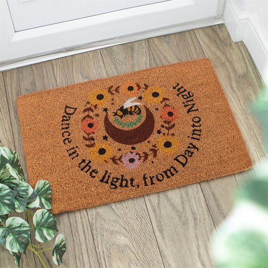 Natural Bee Radiant Doormat features a crescent moon, bee, and sunflower design, perfect for welcoming summer to your home.