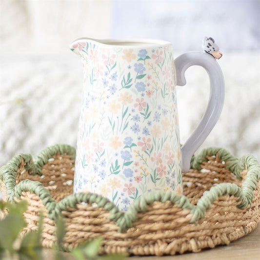 Ditsy Floral Print Ceramic Flower Jug with Butterfly, featuring a delicate design and butterfly handle, perfect for decor.