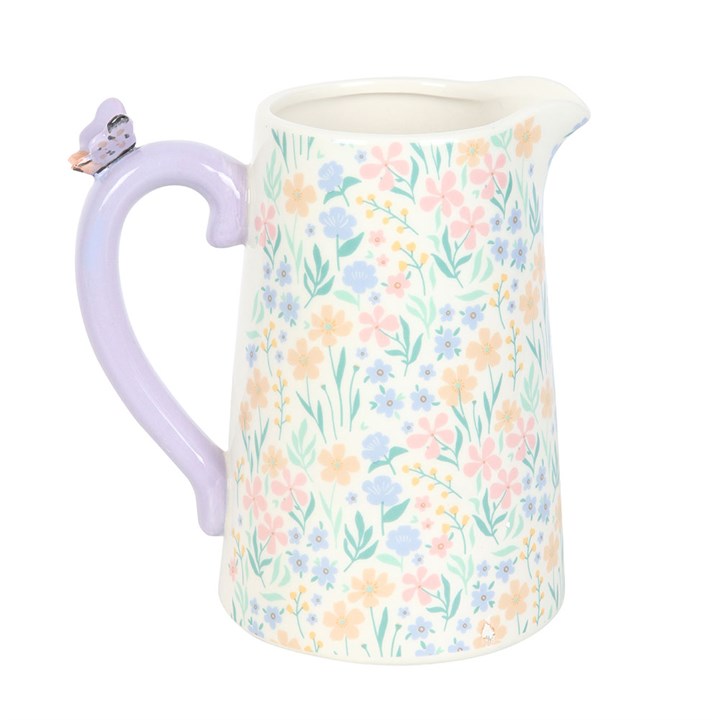 Ditsy Floral Print Ceramic Flower Jug with Butterfly, featuring a lilac handle and delicate floral design, perfect for decor.