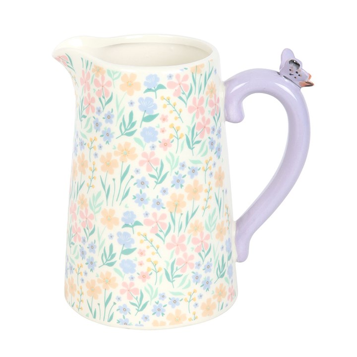 Ditsy Floral Print Ceramic Flower Jug with Butterfly features a lilac handle and delicate floral design, perfect for decor.
