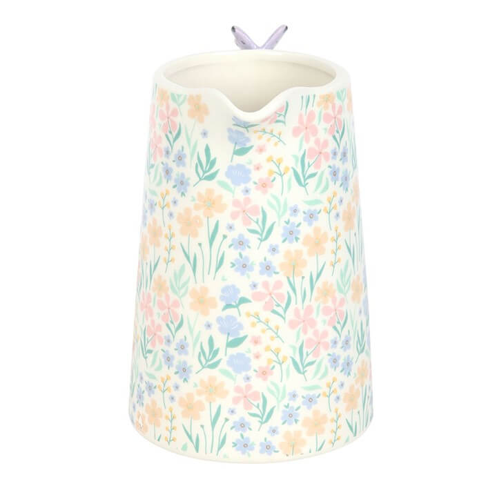 Ditsy Floral Print Ceramic Flower Jug with Butterfly, featuring a lilac handle and delicate floral design, perfect for blooms.