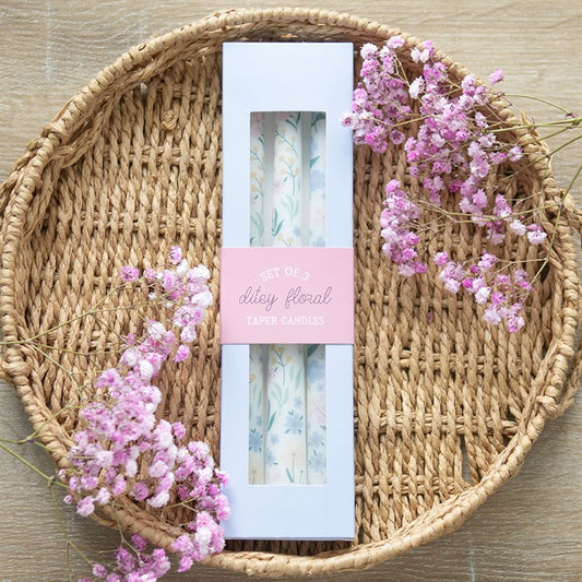 Set of 3 Ditsy Floral Taper Candles - Unscented in elegant packaging, perfect for spring table settings and home decor.