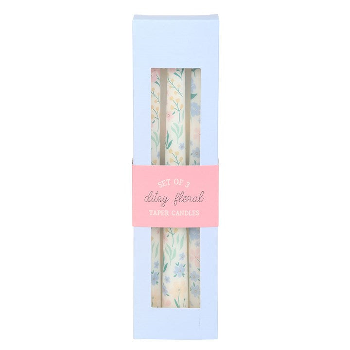 Set of 3 Ditsy Floral Taper Candles - Unscented, ideal for spring decor and table settings with a charming floral design.